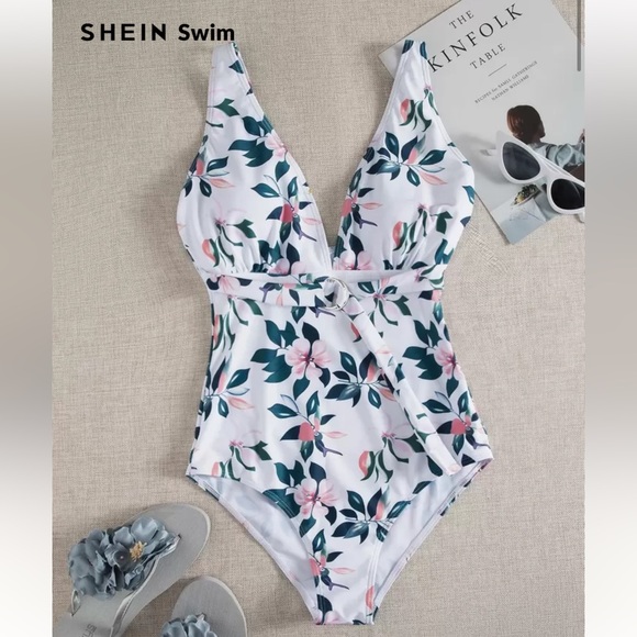 SHEIN Floral V-Neck One Piece - White and Pink - Picture 1 of 5